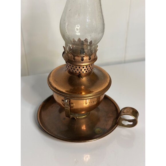 VTG Mini Copper Oil Lamp Lantern Finger Handle Glass Globe 8" Timeless MCM Retro - Picture 4 of 7